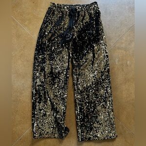 Milly black and gold sequin drawstring track pants.